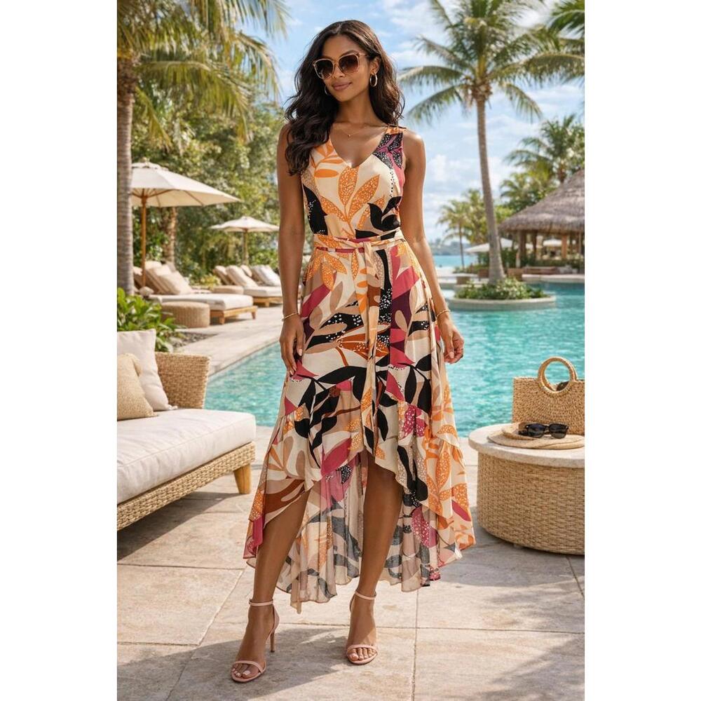 Apt 9  Tropical Faux Wrap Ruffle Hem Dress Side Zip Vacation Resort Chic, M